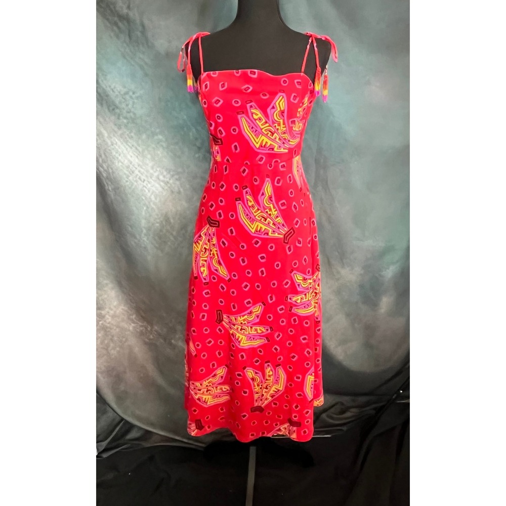 House of Harlow 1960 Red Geometric Print Cutout Midi Dress Beaded Tassels Size M